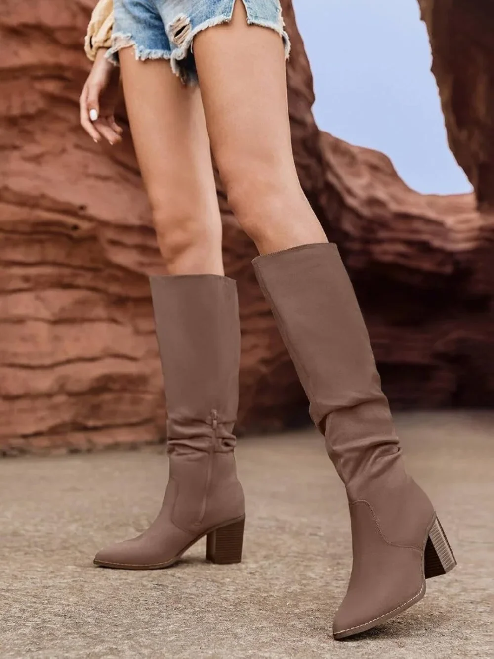 Women's Dark Brown Pointed Toe Mid Chunky Heel Side Zipper Over The Knee Boots